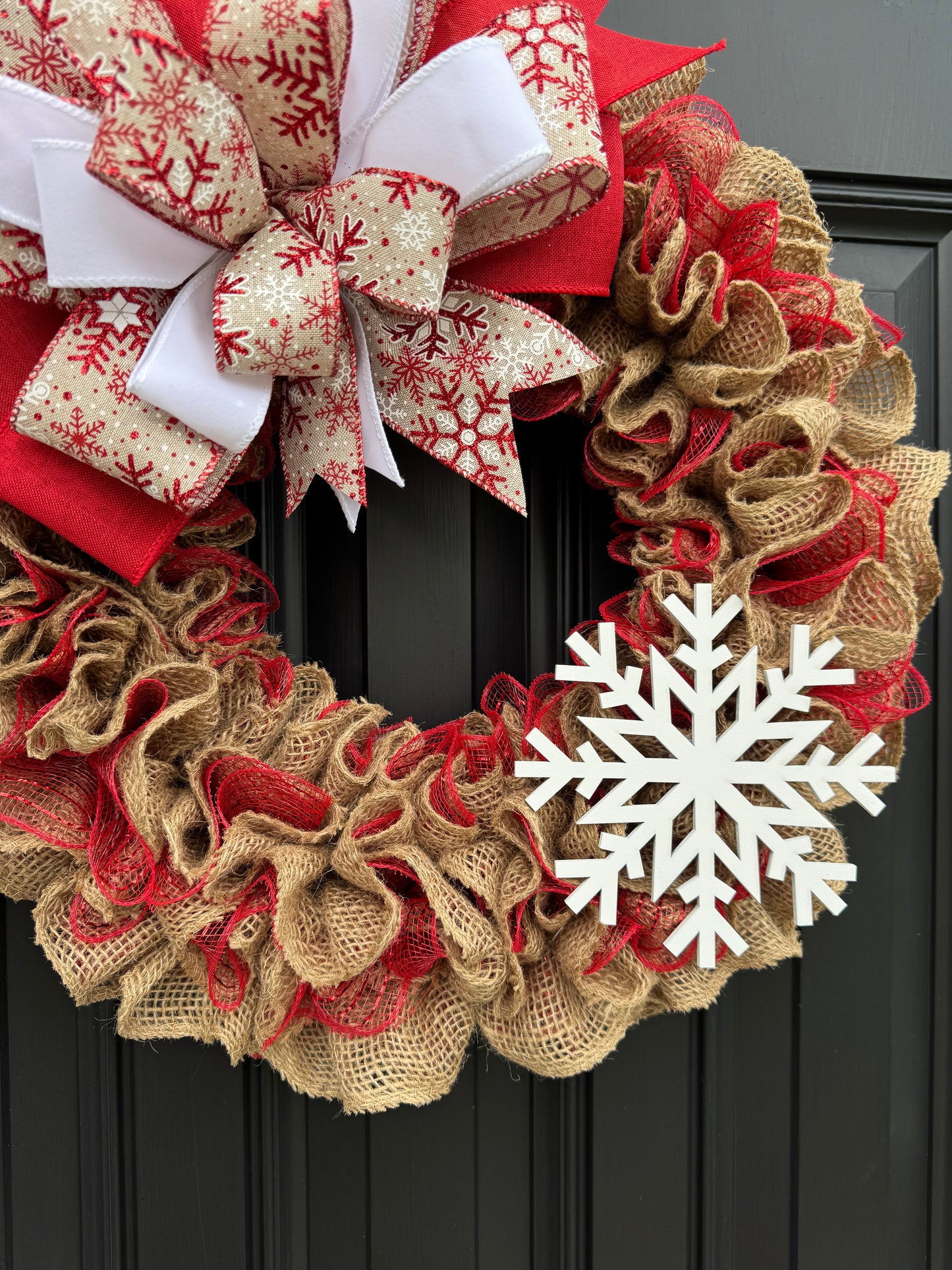 Handmade Christmas Wreath | Red and Burlap Winter Door Decor | Holiday Front Door Wreath with Snowflake | Rustic Farmhouse Style
