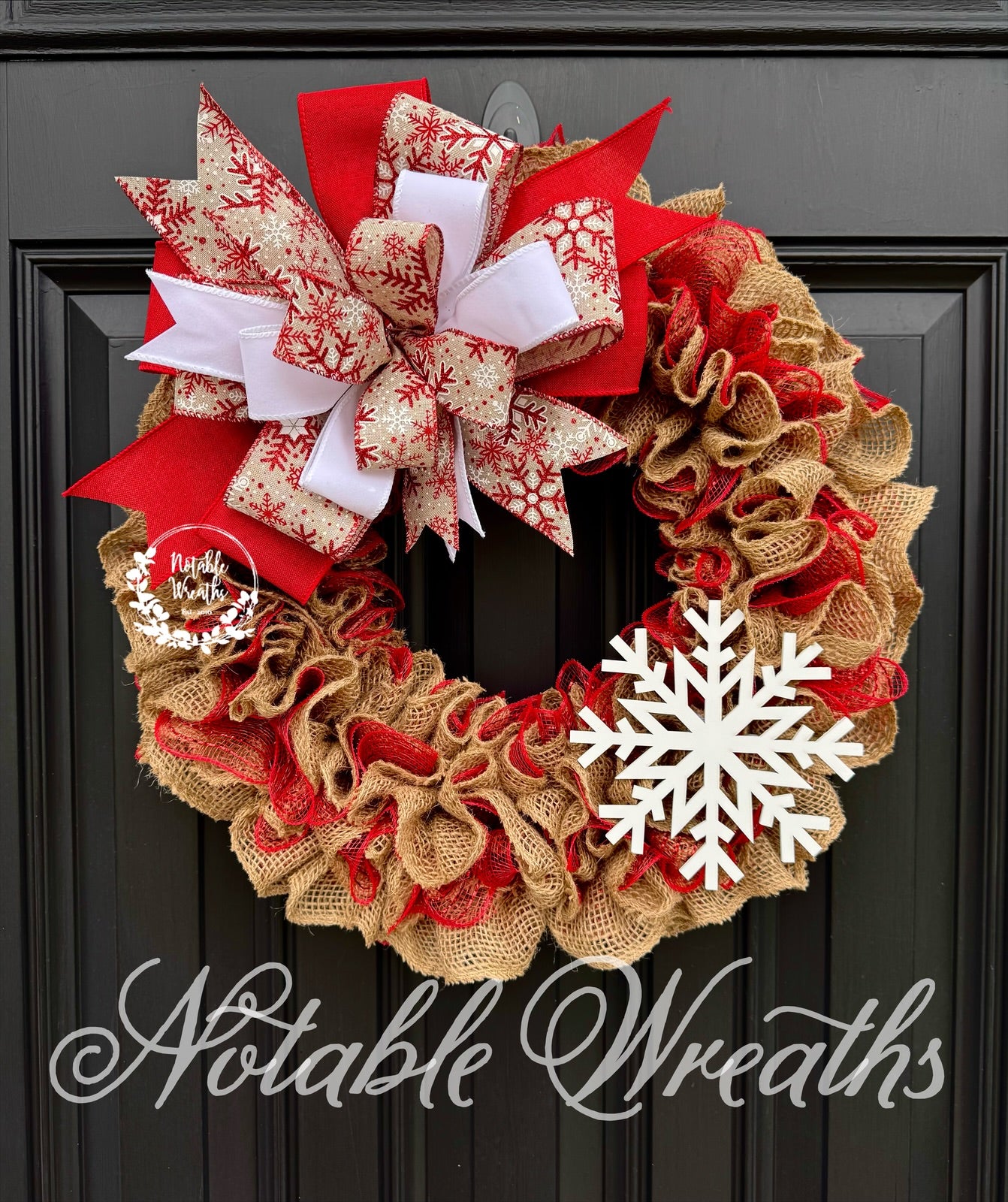 Handmade Christmas Wreath | Red and Burlap Winter Door Decor | Holiday Front Door Wreath with Snowflake | Rustic Farmhouse Style