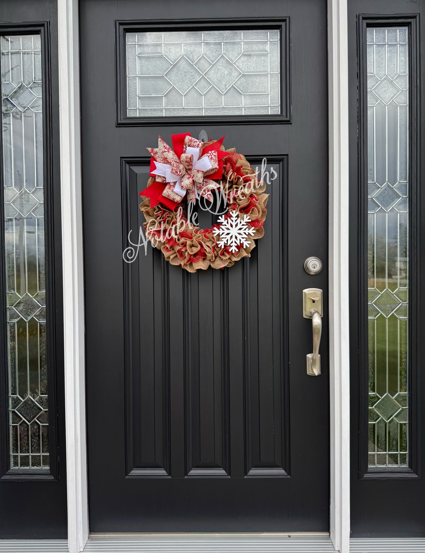Handmade Christmas Wreath | Red and Burlap Winter Door Decor | Holiday Front Door Wreath with Snowflake | Rustic Farmhouse Style