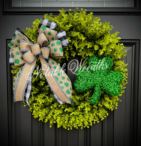 St Patricks day boxwood wreath for front door, shamrock wreath with buffalo check bow, greenery wreath for Irish decor, lucky shamrock