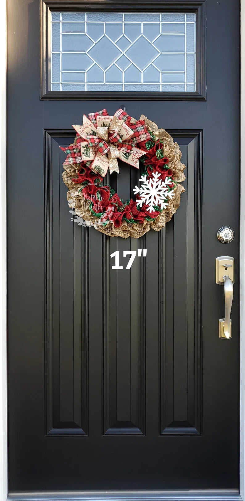 Red Burlap Christmas Wreath: Handmade Snowflake, Plaid Bow