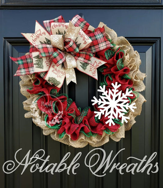 Red Burlap Christmas Wreath: Handmade Snowflake, Plaid Bow