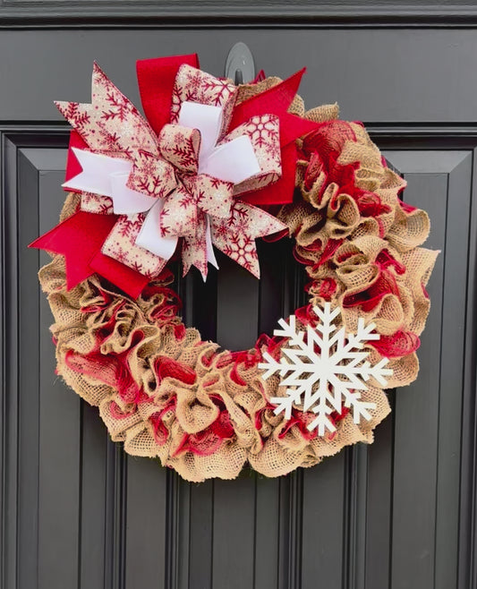 Handmade Christmas Wreath | Red and Burlap Winter Door Decor | Holiday Front Door Wreath with Snowflake | Rustic Farmhouse Style