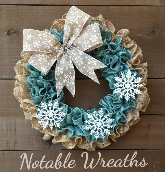 Winter burlap wreath for Front door, blue snowflake winter wreath,  rustic winter wreath, ruffle winter wreath