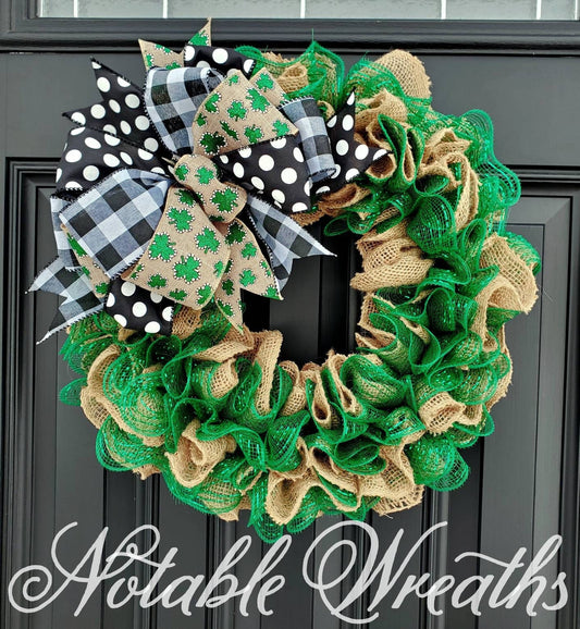 St. Patrick's day burlap wreath, green burlap wreath, burlap ruffle wreath, St. Patrick's decor, emerald green burlap wreath