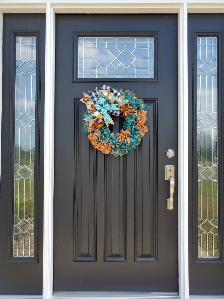 Rustic Fall wreaths for front door, Cheetah print wreath, teal pumpkin wreath, buffalo check wreath, Fall decor, orange and teal