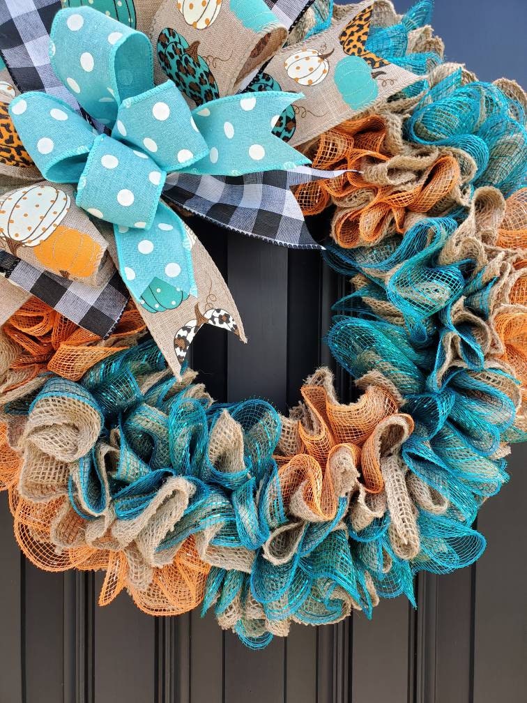 Rustic Fall wreaths for front door, Cheetah print wreath, teal pumpkin wreath, buffalo check wreath, Fall decor, orange and teal
