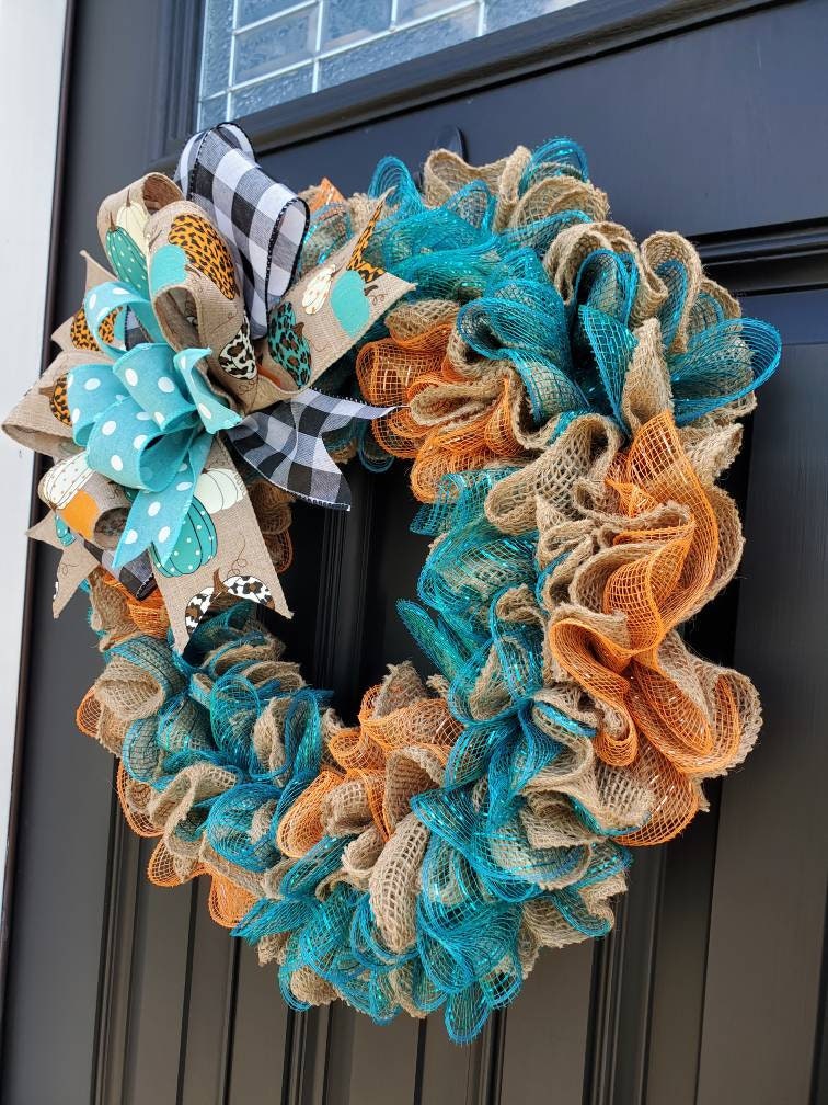 Rustic Fall wreaths for front door, Cheetah print wreath, teal pumpkin wreath, buffalo check wreath, Fall decor, orange and teal