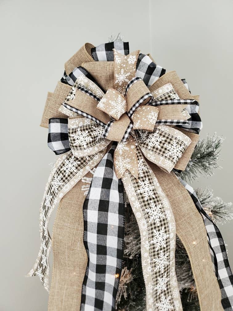 Rustic snowflake tree topper bow, neutral tree topper bow, tree topper, buffal check tree topper, black and white buffalo check tree topper